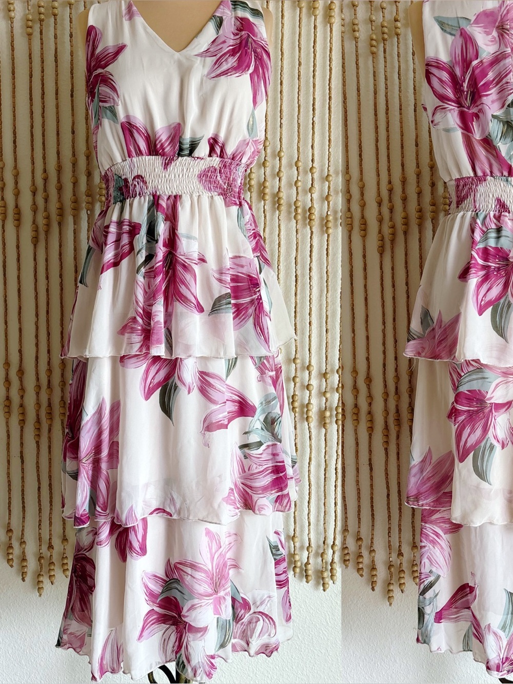 AlexaB Pink Lily Floral Tiered Coquette Fairy Feminine Sleeveless V Neck Dress